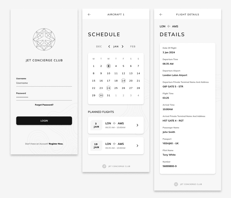 Wireframes of app screens
