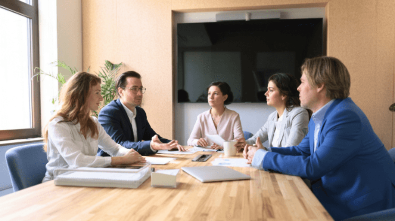 A consultant participating in a team meeting, providing fractional AI advisory support alongside company leaders.