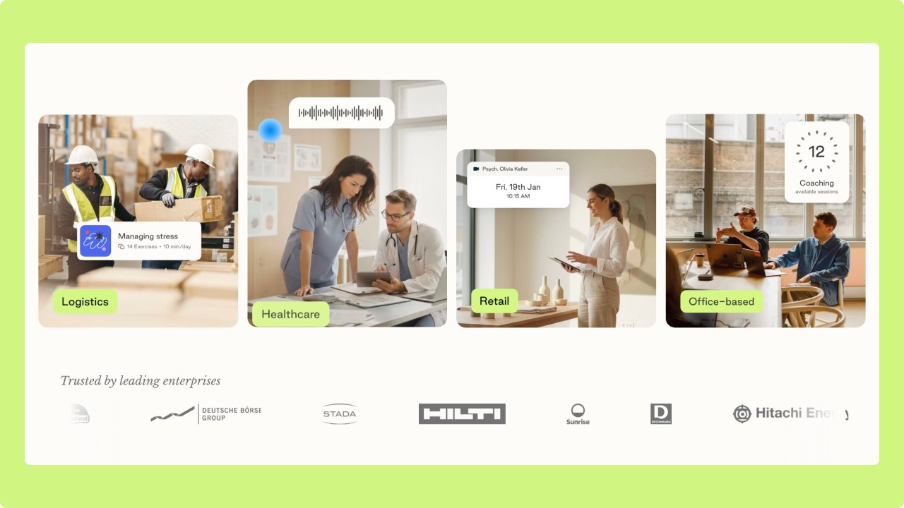 Logistics, healthcare, retail, and office-based workers showing how Kyan Health's modern employee assistance programme delivers role-aware support across every workforce type.