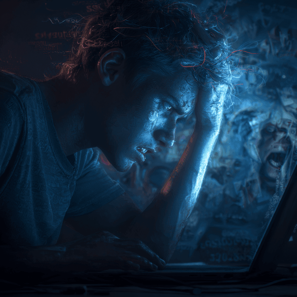 A hyper-realistic close-up of a person sitting alone in a darkened room, face lit only by the cold blue glow of a laptop screen. On the screen, aggressive hate comments blur into a chaotic swarm of abstract digital symbols and distorted faces, visually creeping toward the viewer like digital shadows. The subject’s face shows a mix of confusion, anger, and vulnerability one hand gripping their hair or clenching a fist. Around their head, faint visual echoes of neural pathways glow subtly, being hijacked and pulled toward the screen by red, tangled lines representing dopamine loops and hijacked attention. Moody, cinematic lighting. Emotional tension. Realistic textures (skin pores, screen reflections, messy desk).