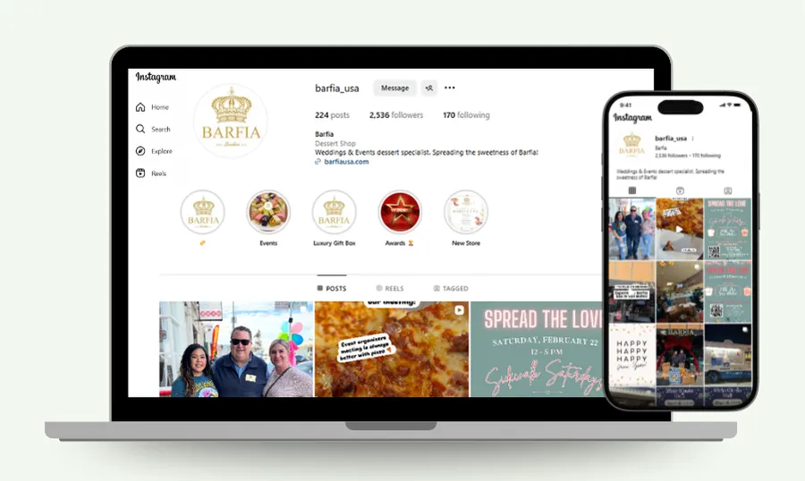 Barfia USA Instagram profile on laptop and smartphone screens showing dessert shop content