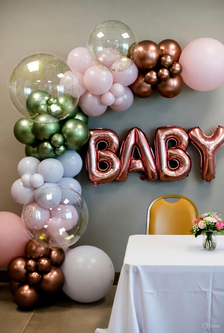 Balloon wall with pink, gold, white, and green balloons spelling out the word BABY for a baby shower