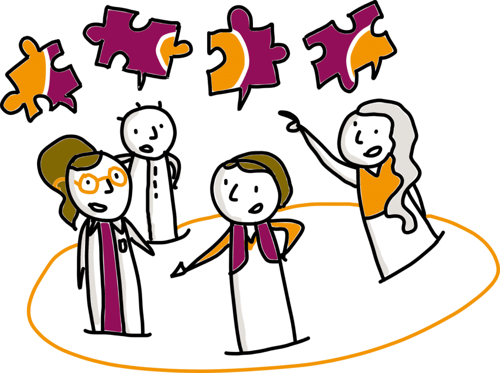 Dessin : quatre personnages en cercle, des pièces de puzzle au-dessus d'eux, l'une d'elles désignant la solution
