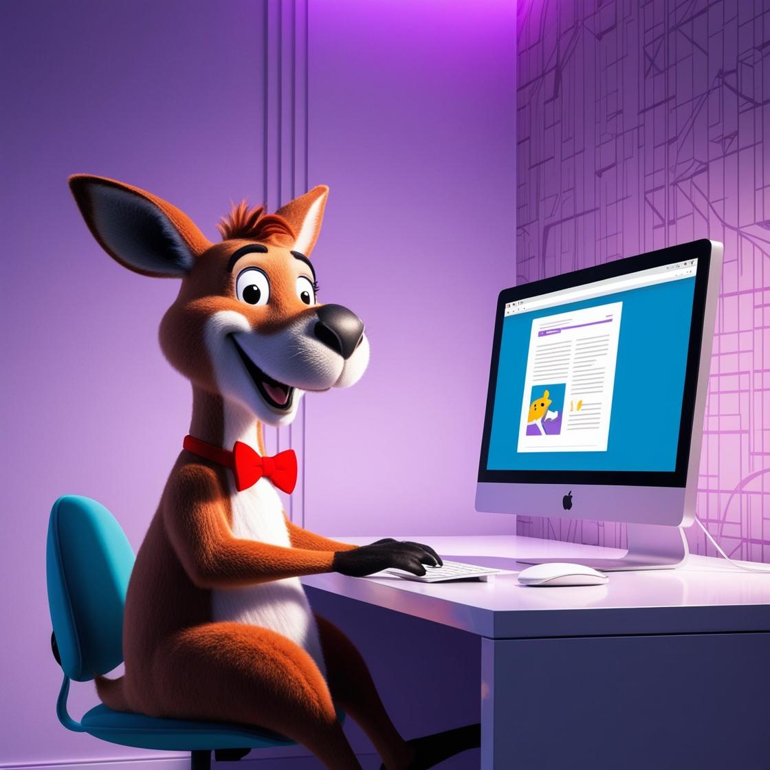 A kangaroo sat at a computer, looking happy