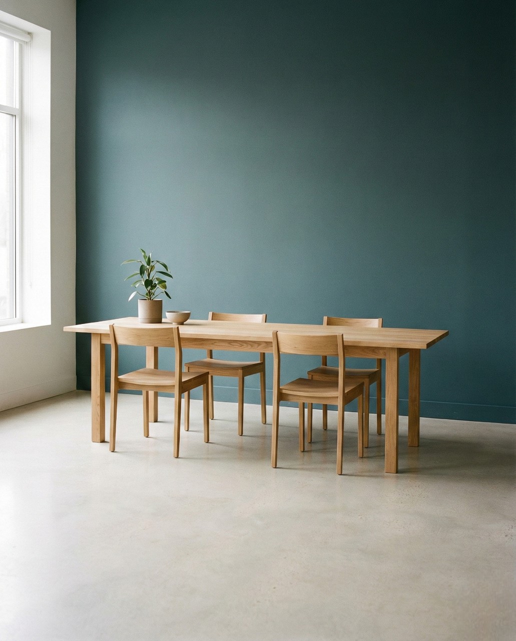 A minimalist dining room with a wooden table and six chairs against a teal wall. A potted plant adds a touch of nature, with soft natural light from a window.