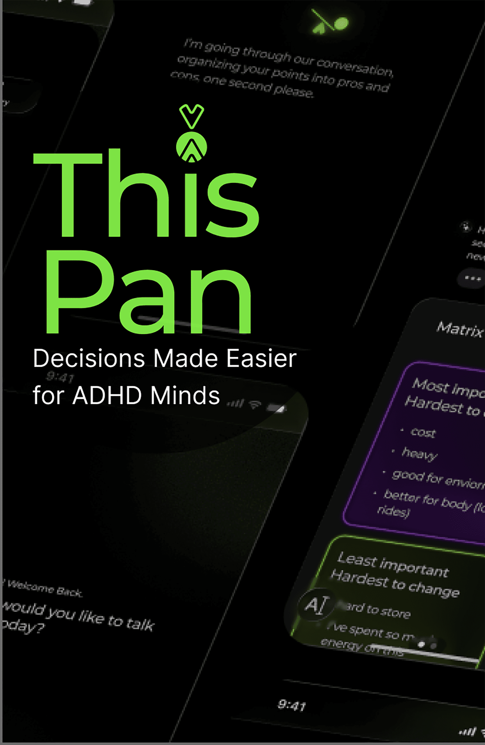 Hero image with title and tagline, "This Pan. Decisions made easier for ADHD Minds". The background has multiple screen shots arranged in a pattern.