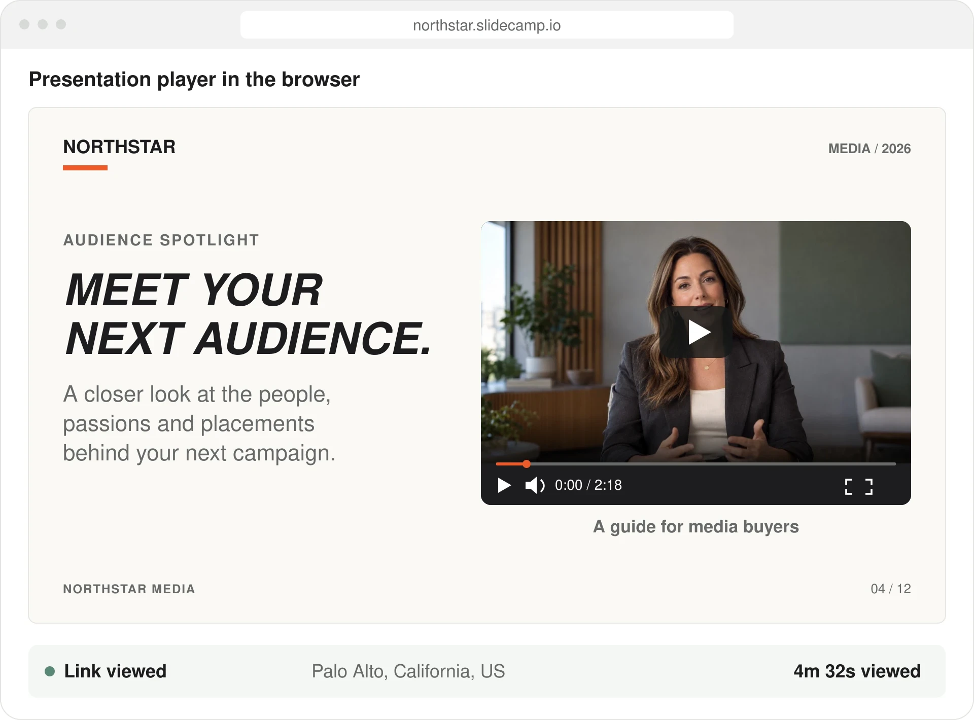 An illustrative media buyer presentation with audience copy on the left and a presenter video with playback controls on the right.