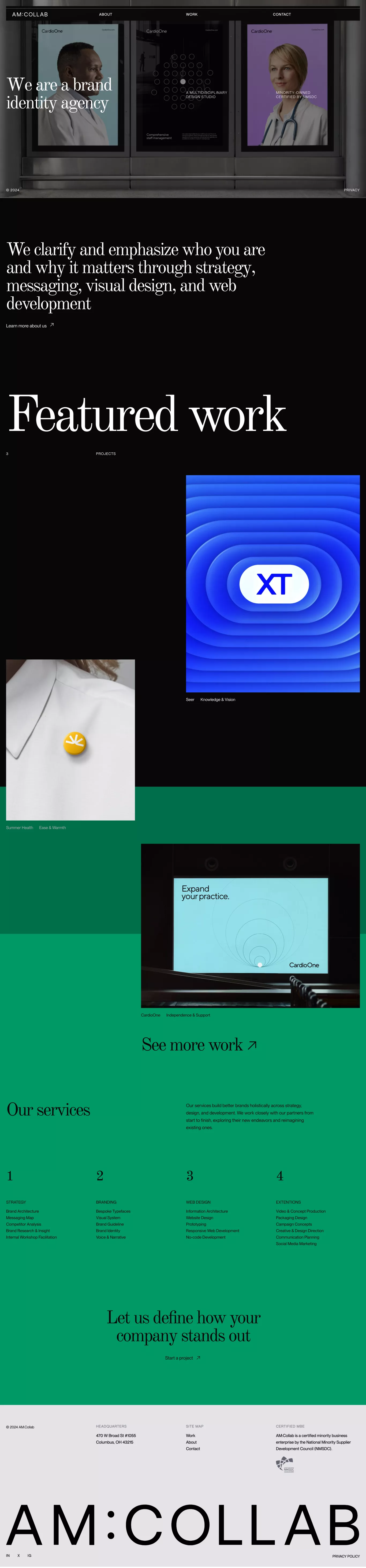AM:Collab - Brand identity and design st portfolio page screenshot showcasing Design and Tech design