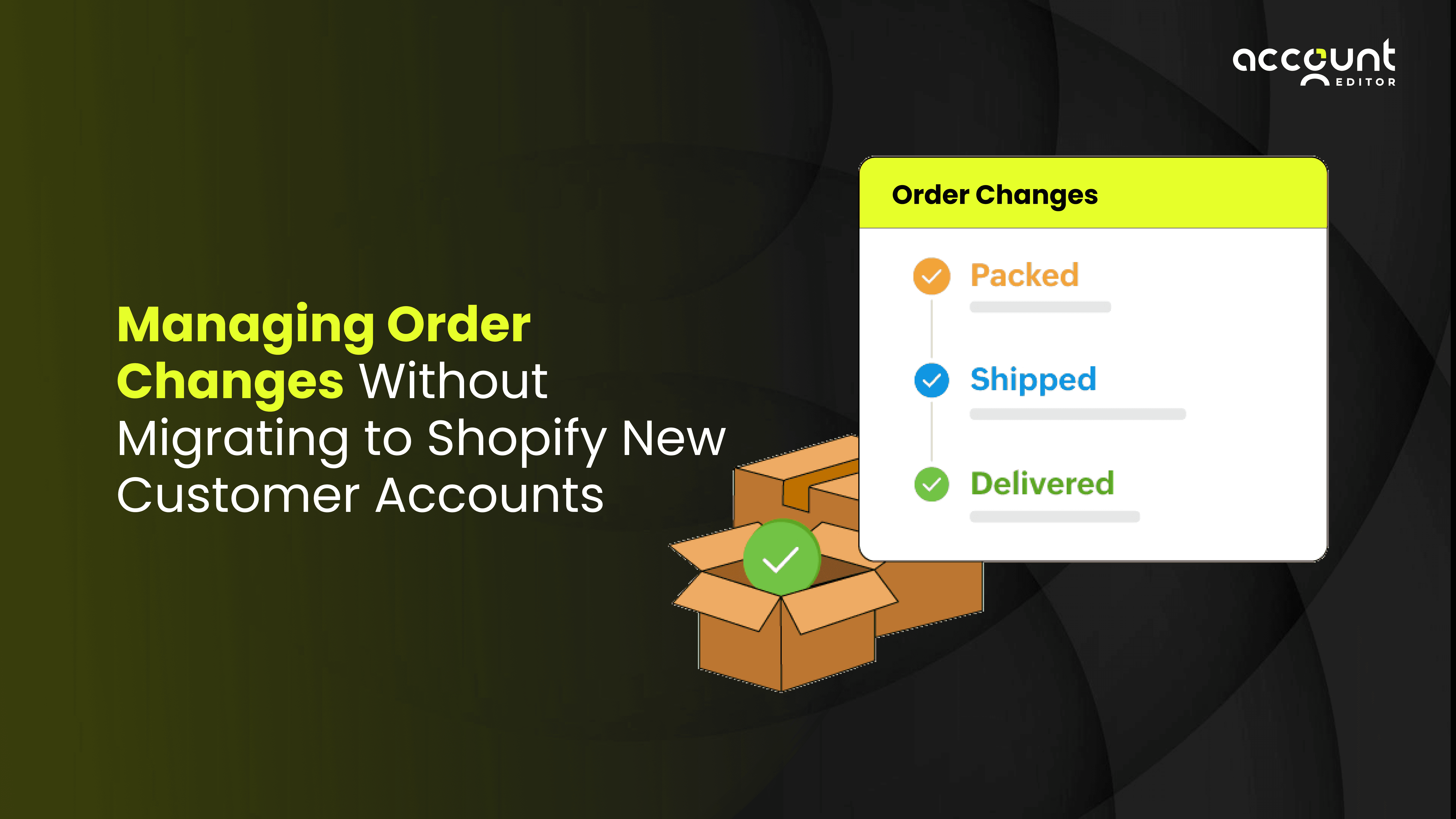 Manage Shopify order changes without Shopify New Customer Accounts via Account Editor. Interface shows packed, shipped, and delivered status tracking.