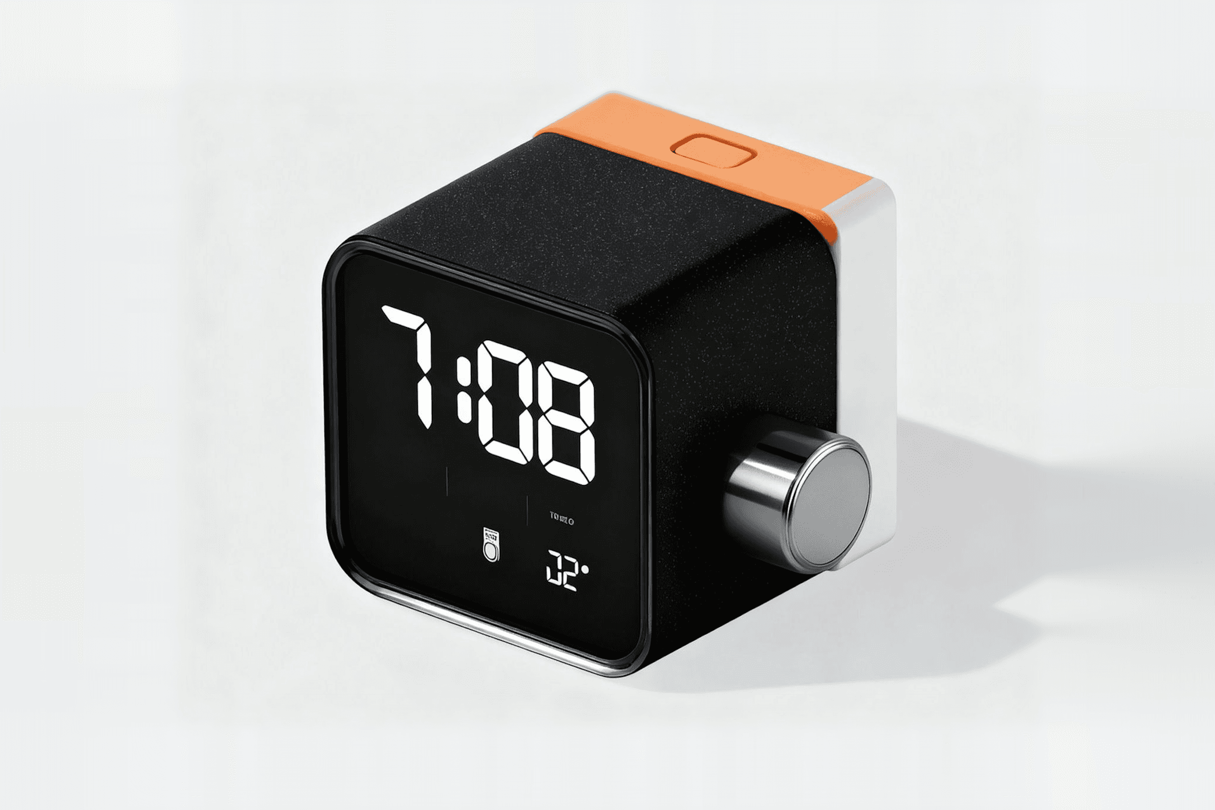 A sleek digital alarm clock with a black body, orange accent, and metallic knob, displaying the time and temperature on a glossy screen.