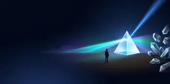 Person standing before a glowing prism refracting light rays