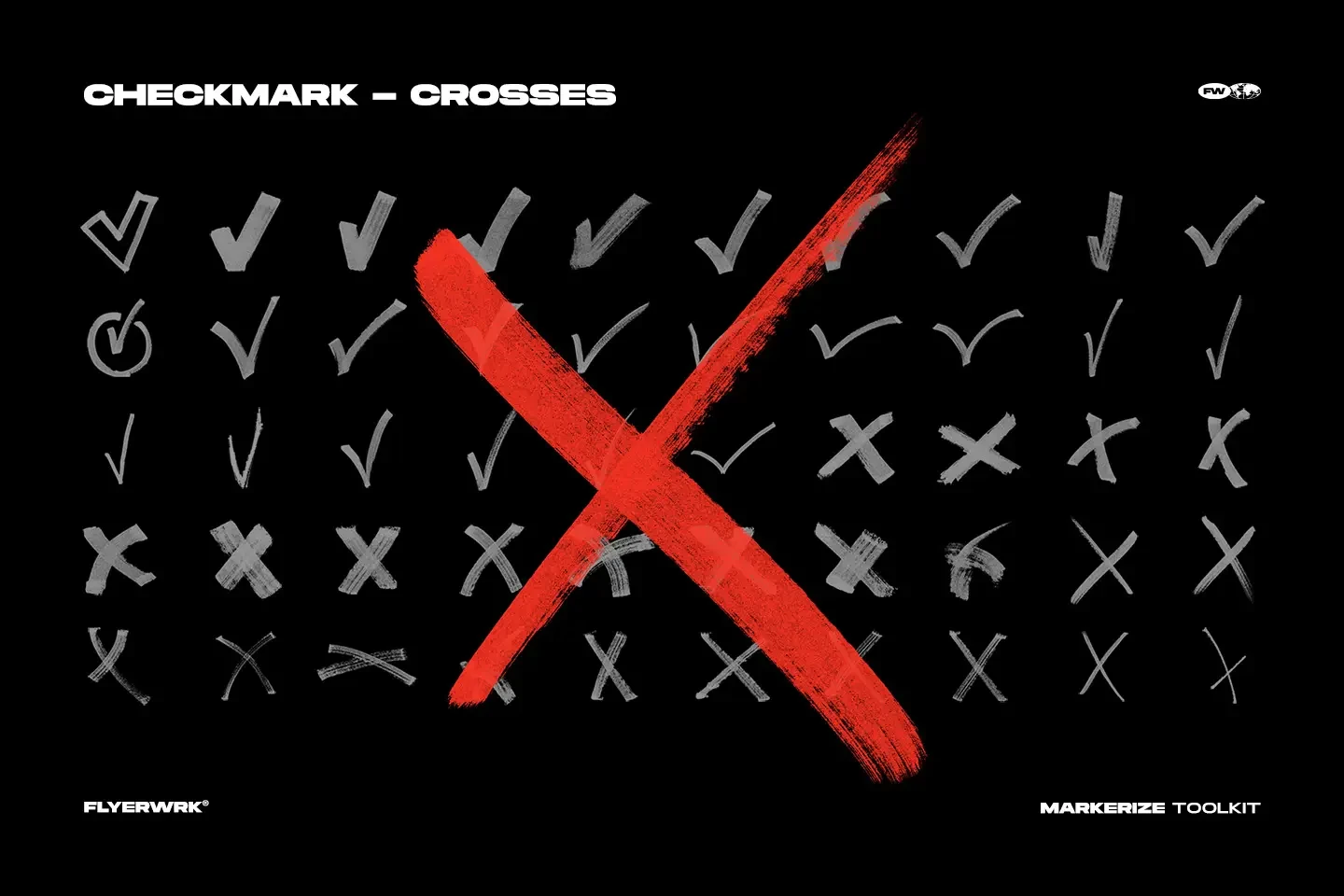 Markerize collection of marker checkmarks and crosses featuring a large red hand drawn cross graphic element