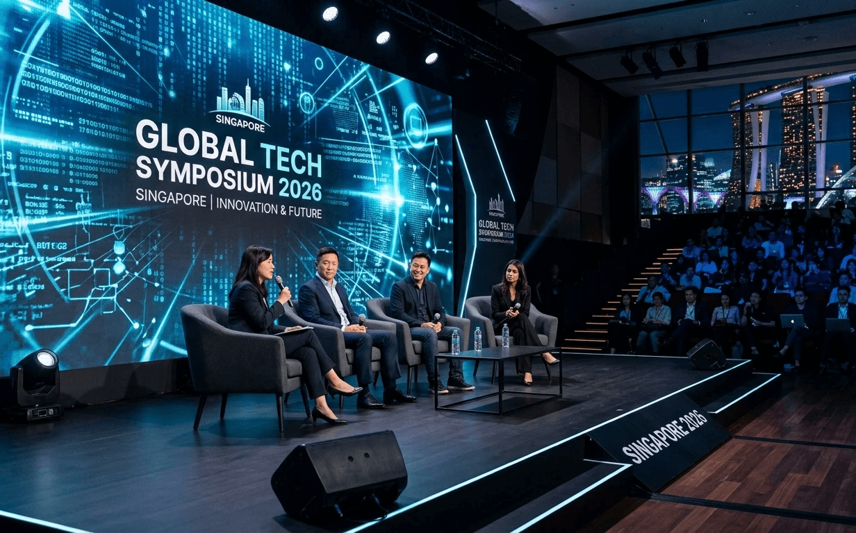 Premium flagship B2B technology summit stage production with professional panel coordination.