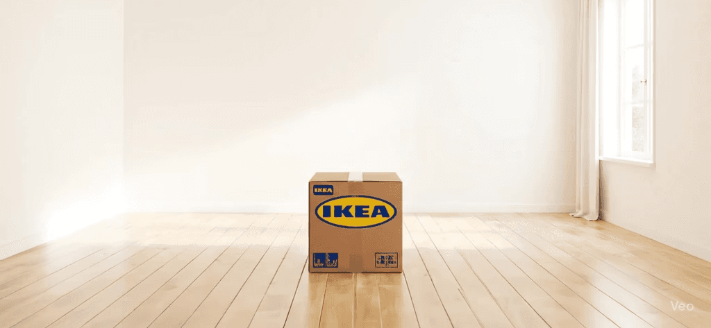 An AI-generated video by Mahendra R showing a single IKEA cardboard box centered in a bright, empty minimalist room with light wood floors and white walls.