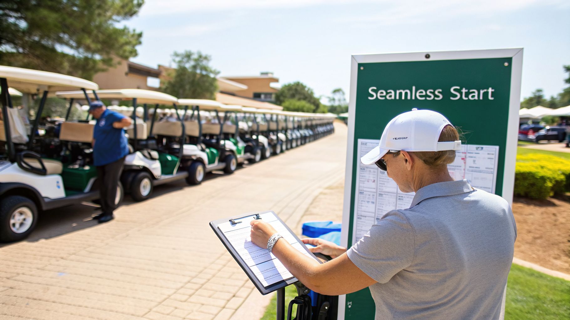 A person writes on a clipboard at a golf event with a 'Seamless Start' sign and golf carts.