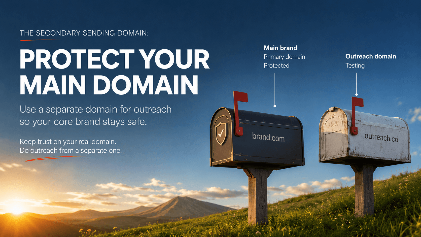 Two mailboxes representing a protected main domain and a separate outreach domain