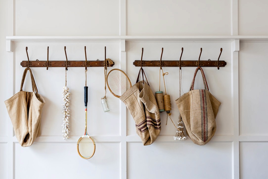 Reusable handbags hanging on a wall
