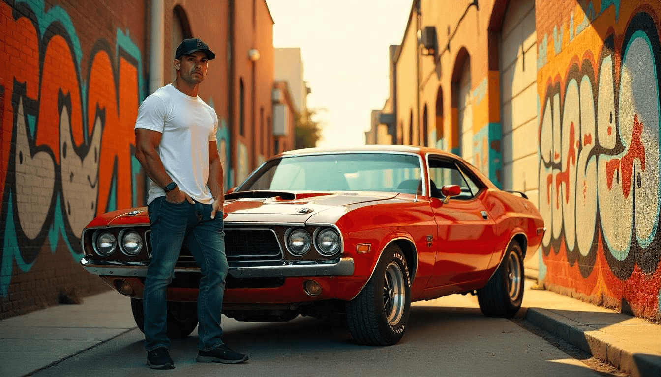 Fit man next a red power car