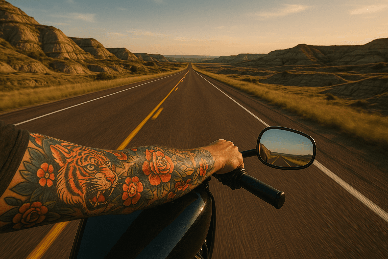 A person driving on a North Dakota highway displaying a custom tattoo sleeve, traveling to Sacred Skin Tattoo in Williston.
