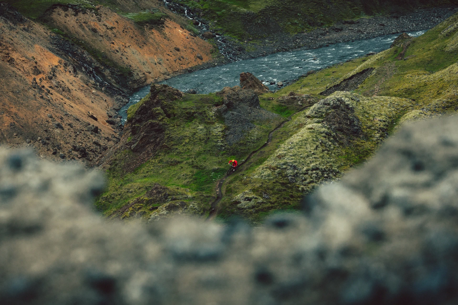 dramatic landscape in geothermal area with singletrack