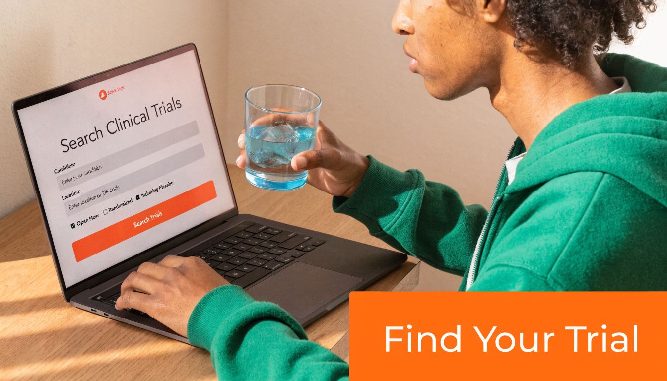 A person in a green hoodie looking at a website on a laptop while drinking water.