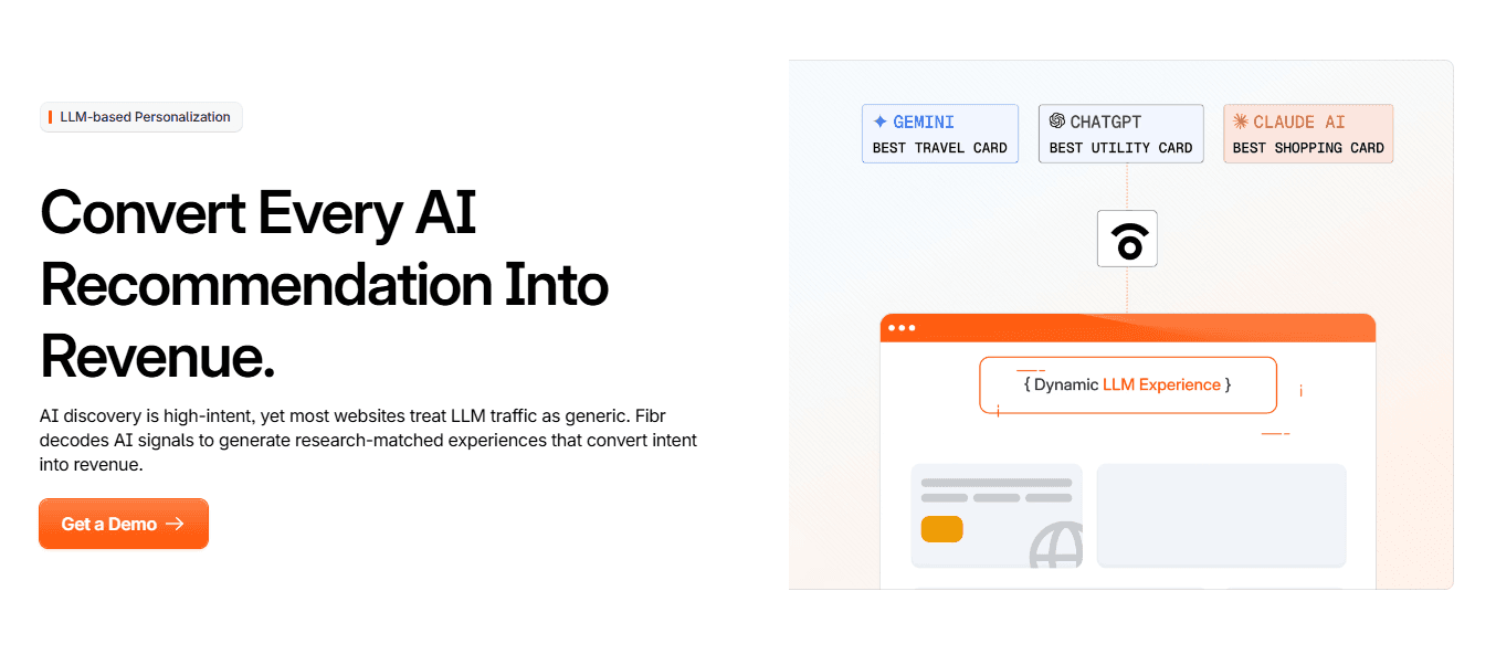 Alt text: Fibr landing page section for LLM Traffic Personalization with a bold headline, orange CTA button, and illustration showing AI platforms directing users to a dynamic personalized web experience.
