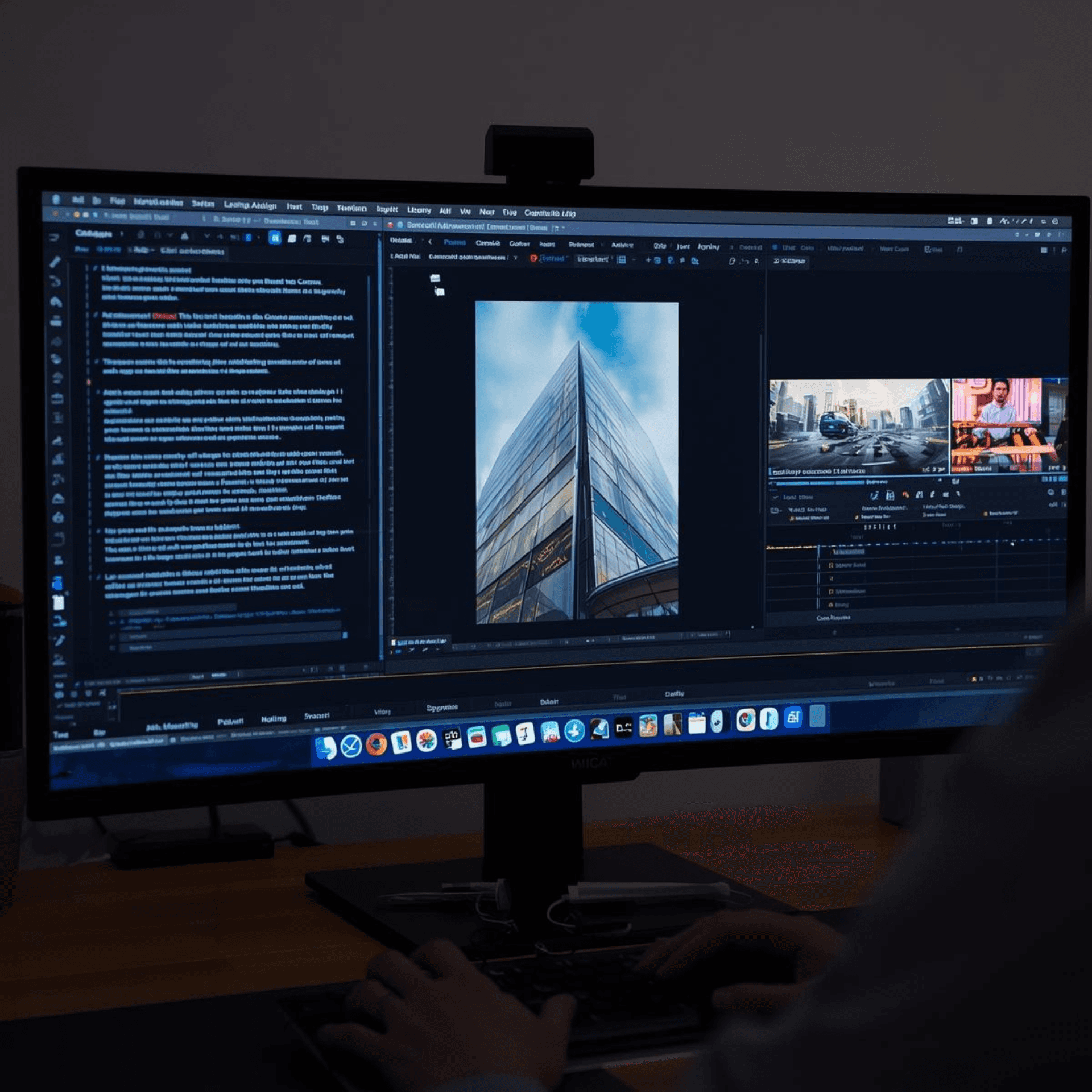 Pantalla ultra panorámica en un entorno oscuro ejecutando software profesional de edición de imagen y vídeo sobre arquitectura moderna y procesamiento de datos.