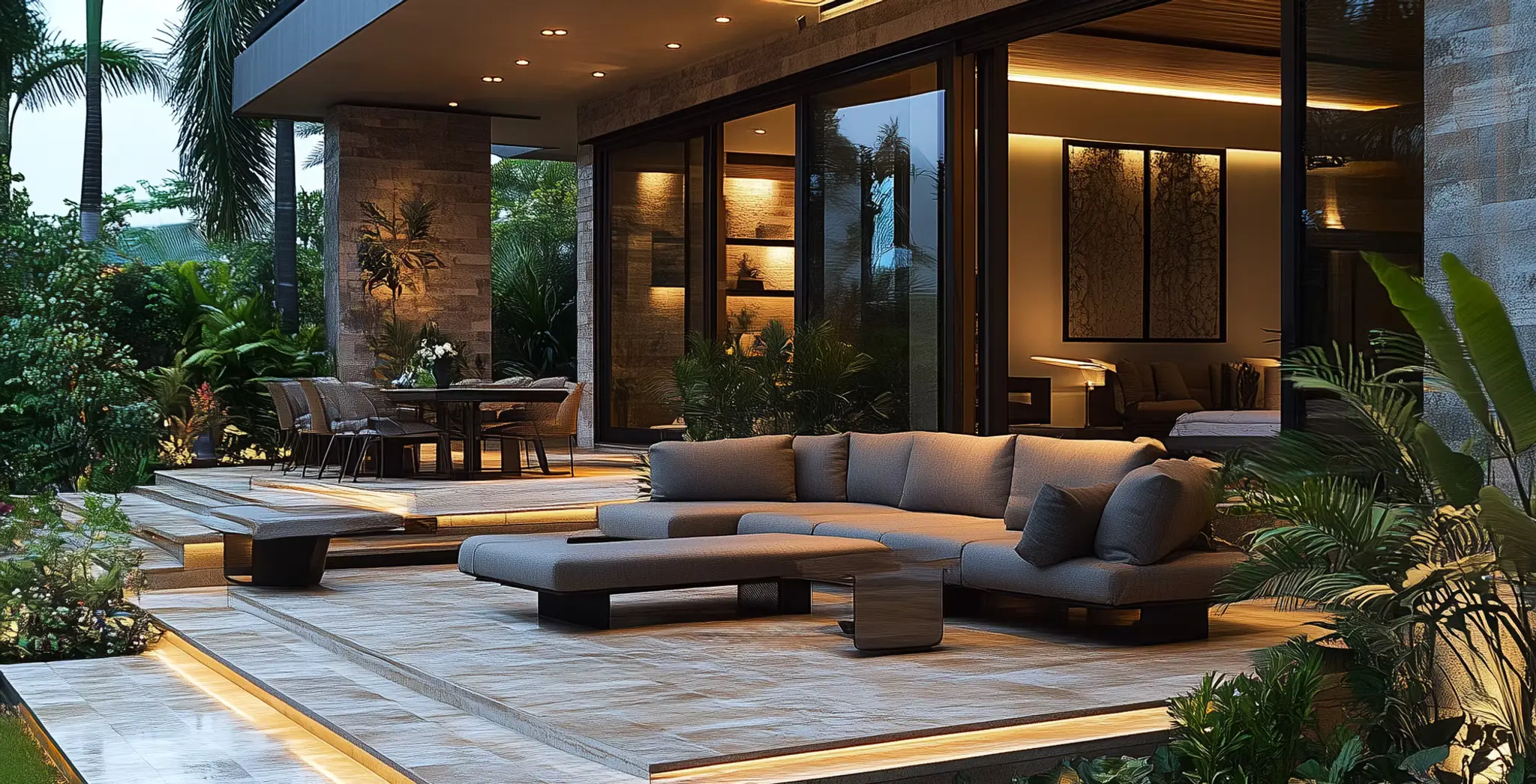 Modern outdoor lounge with low sectional sofas and a rug on a wood deck, set beside a glass-walled home and surrounded by lush tropical plants at dusk.