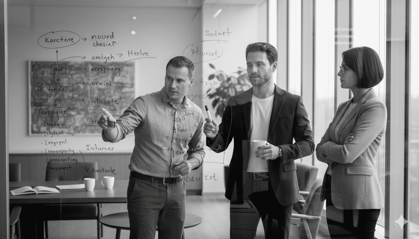 Creative workspace with large windows and a wall full of inspiration boards.