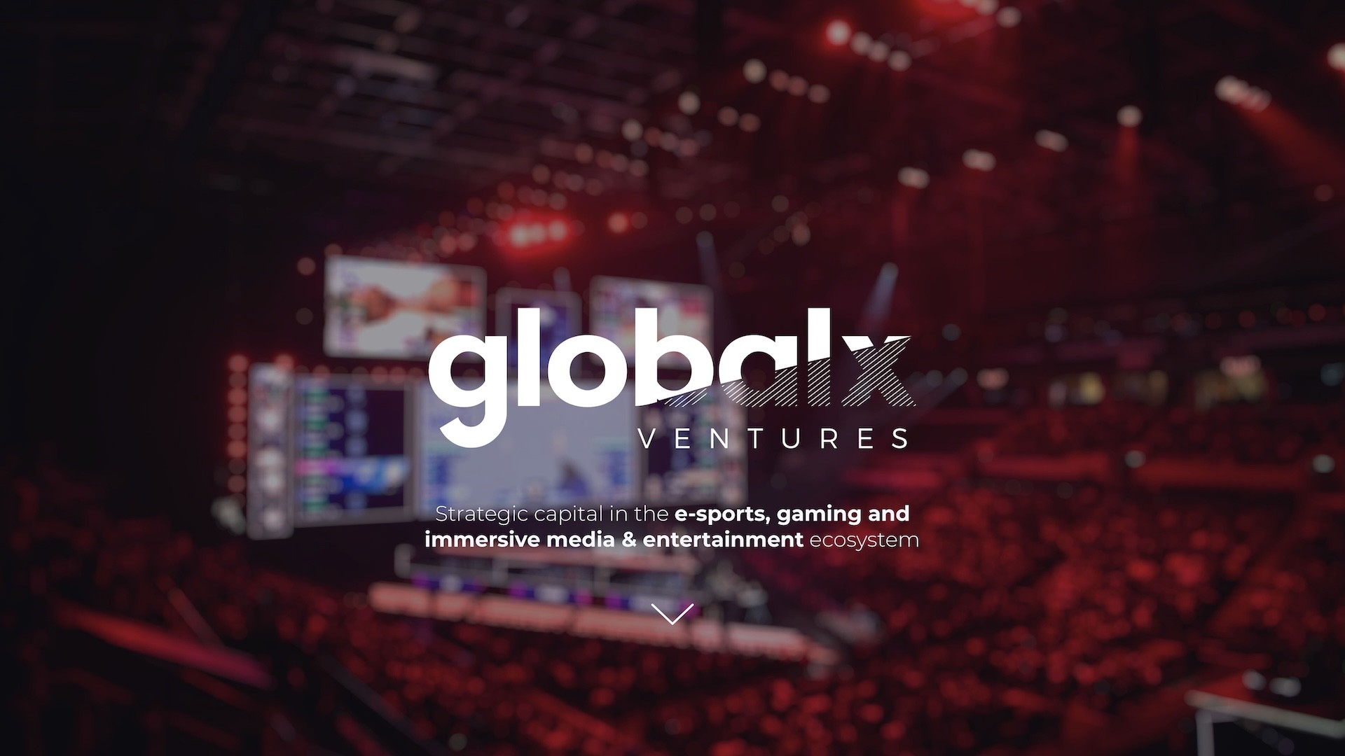 Cover slide for Global X Ventures pitch deck, presenting a venture capital firm focused on e-sports, gaming, and immersive media investments, designed by Chadd Weston.