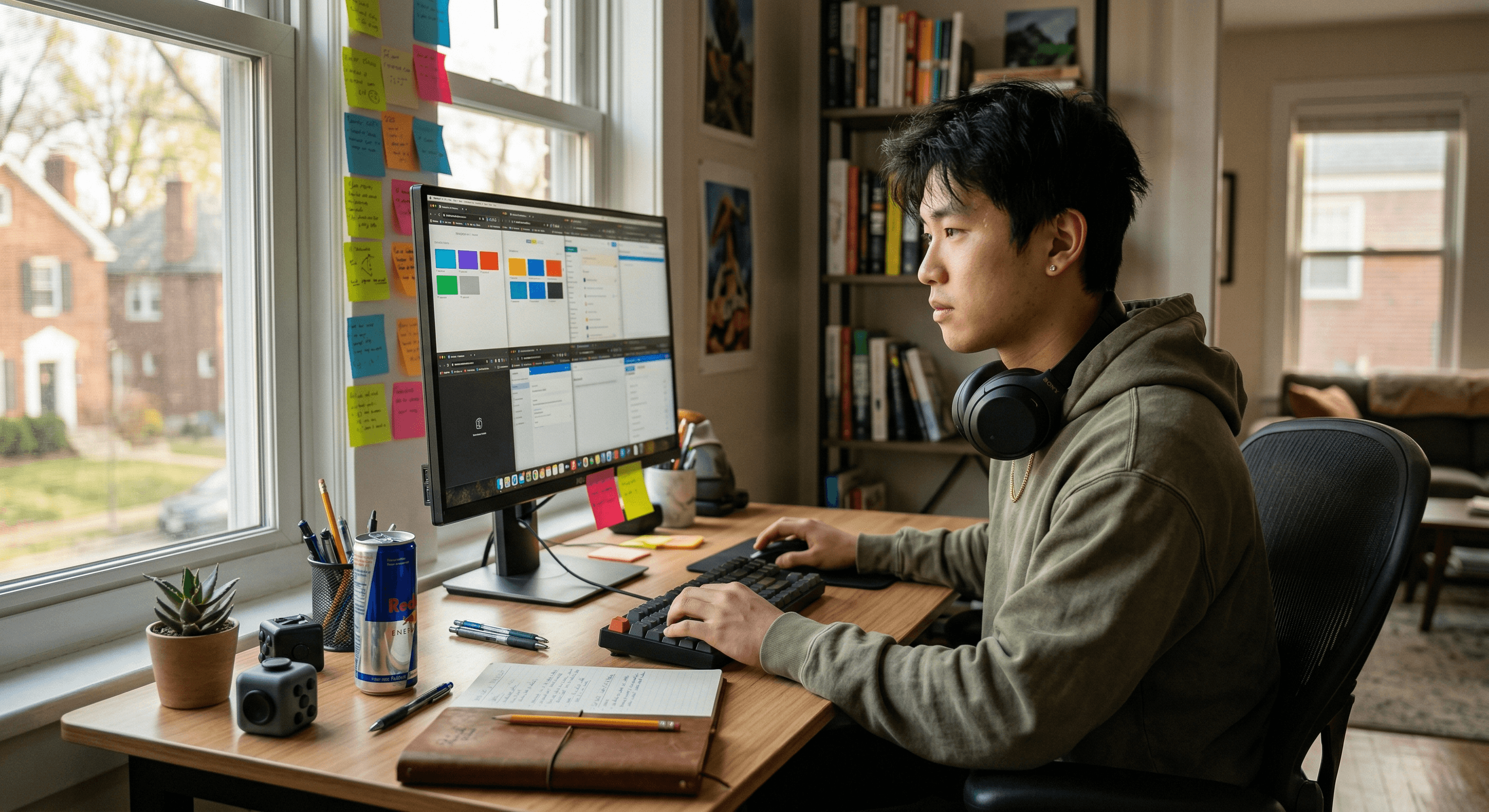 Man with ADHD working from home at a personalized desk with sticky notes and headphones as part of a workplace accommodation