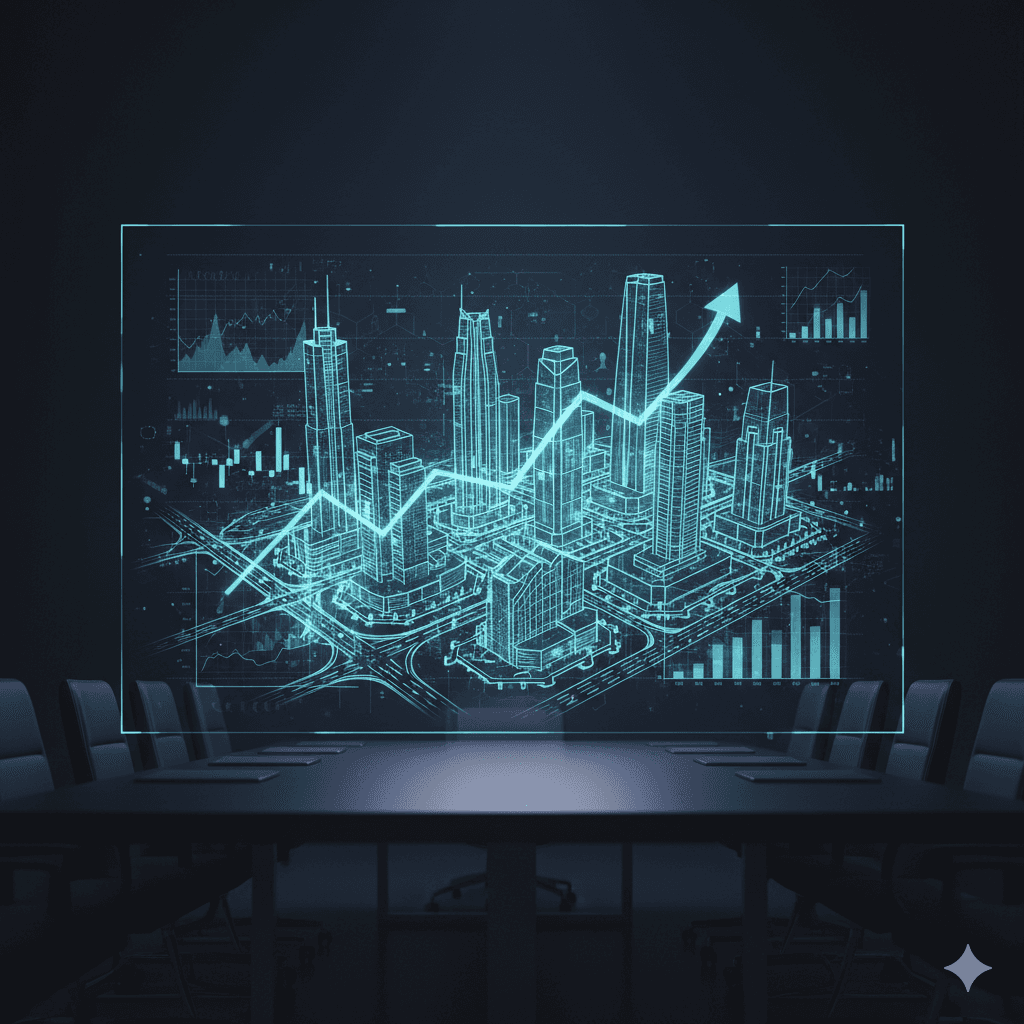 Futuristic digital 3D architectural blueprint of a commercial district in a modern boardroom setting