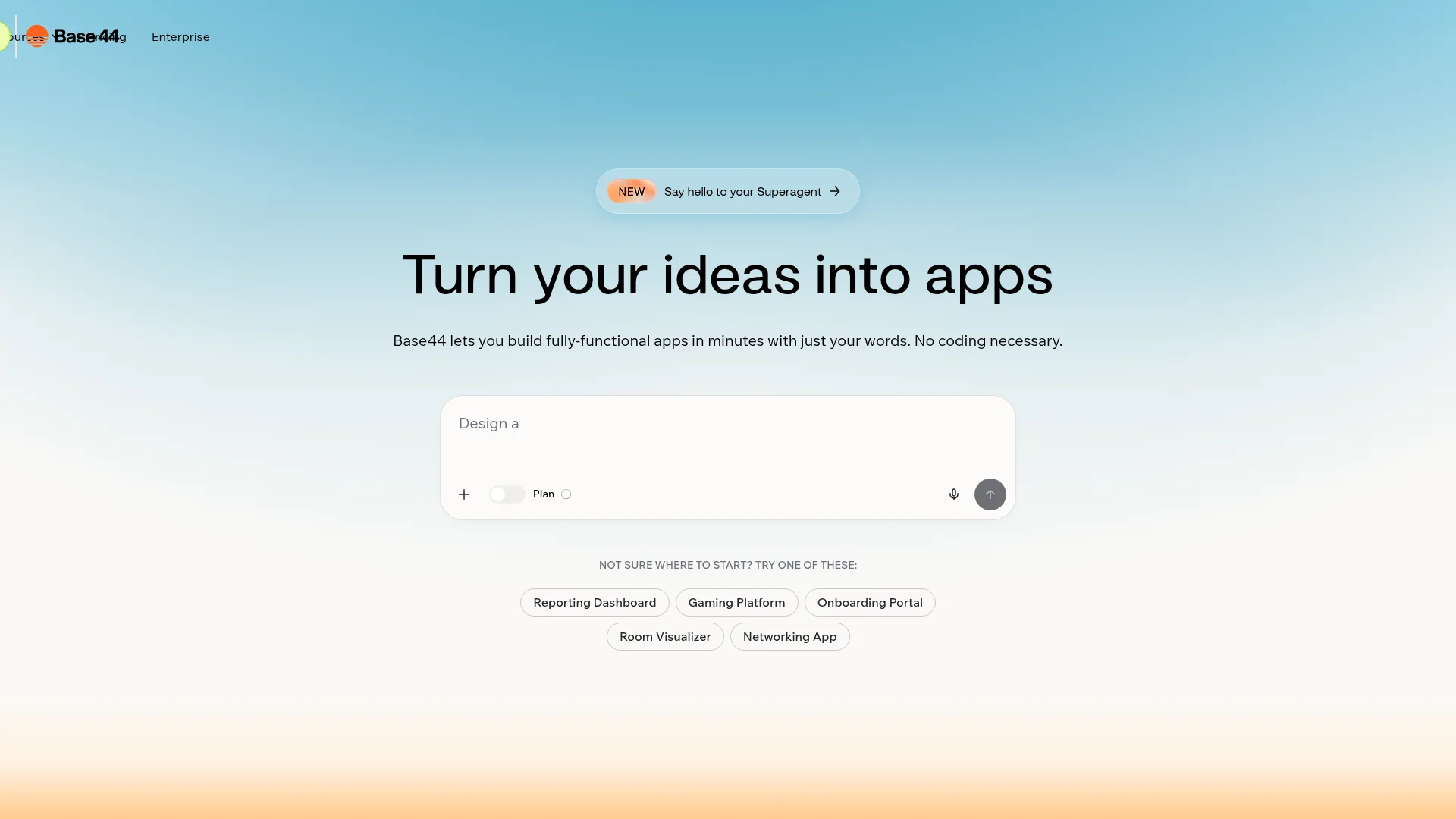 Base44 homepage showing the AI-powered web app builder