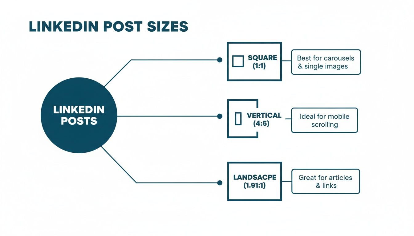 A diagram illustrating LinkedIn post sizes, including square (1:1), vertical (4:5), and landscape (1.91:1) formats with usage tips.