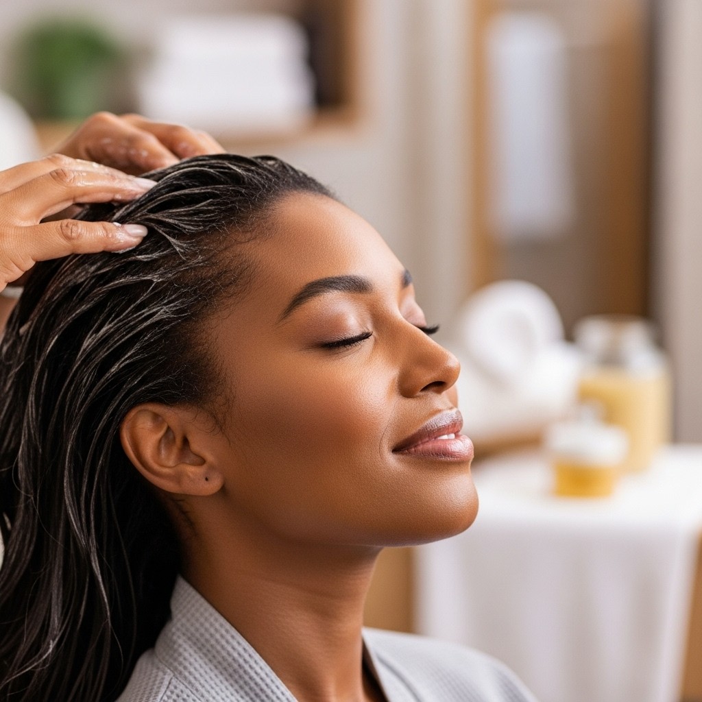 Black woman with eyes closed smiles while hands massage treatment into her hair in a serene spa setting.
