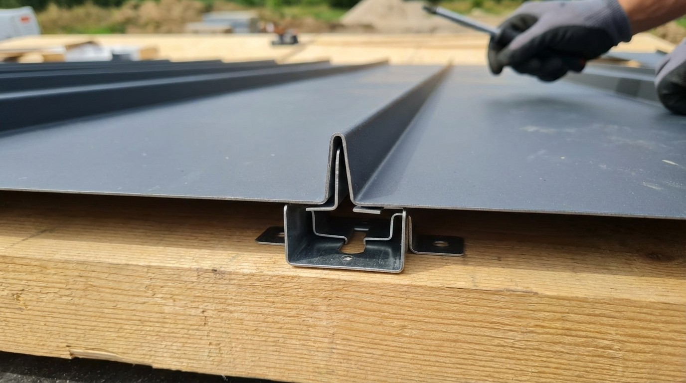 Close-up of concealed clip attachment showing how standing seam panels connect to roof deck