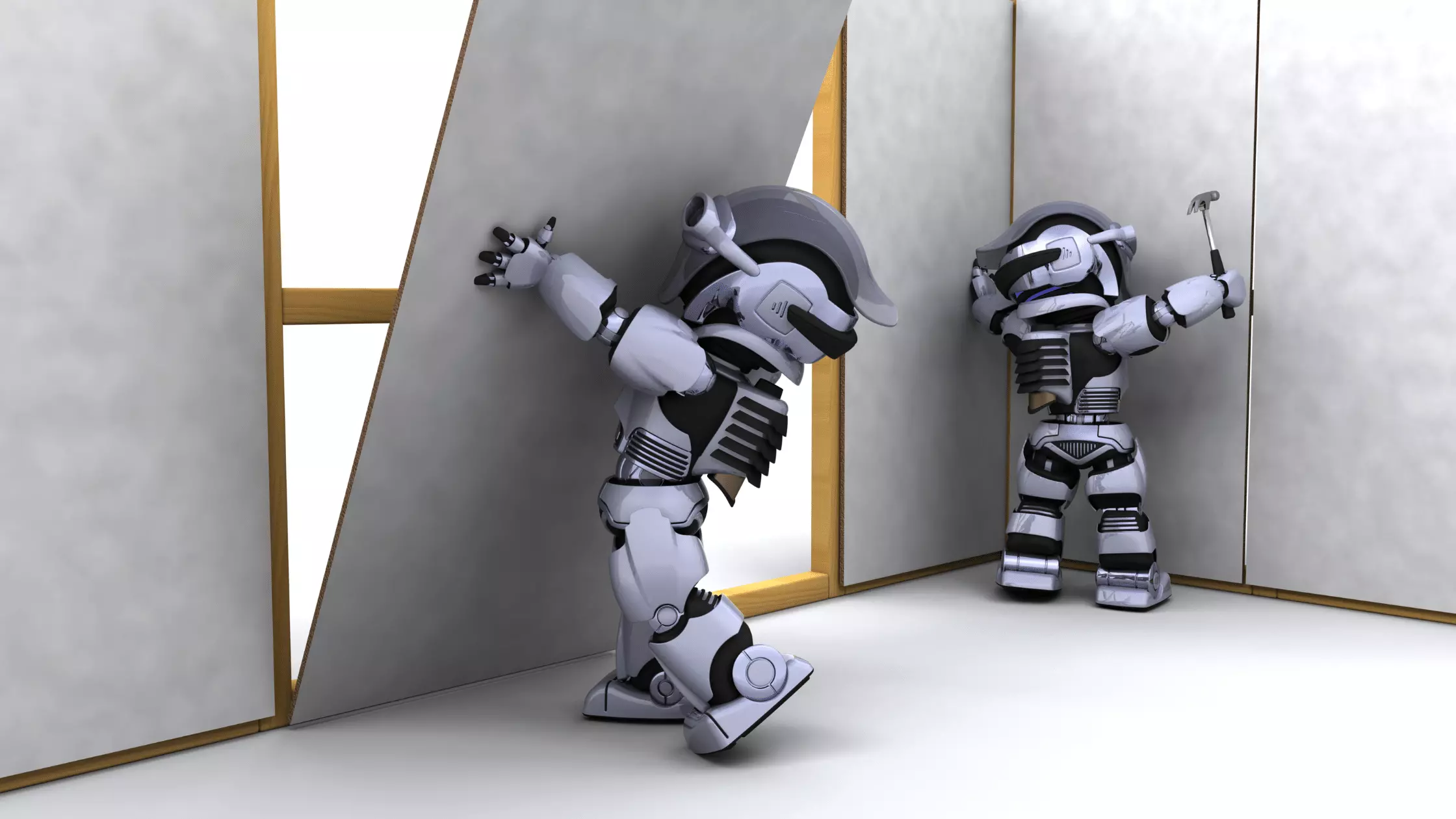 A man stands while two people sit at a table in an office setting, smiling and engaged in conversation. The mood is friendly and collaborative.