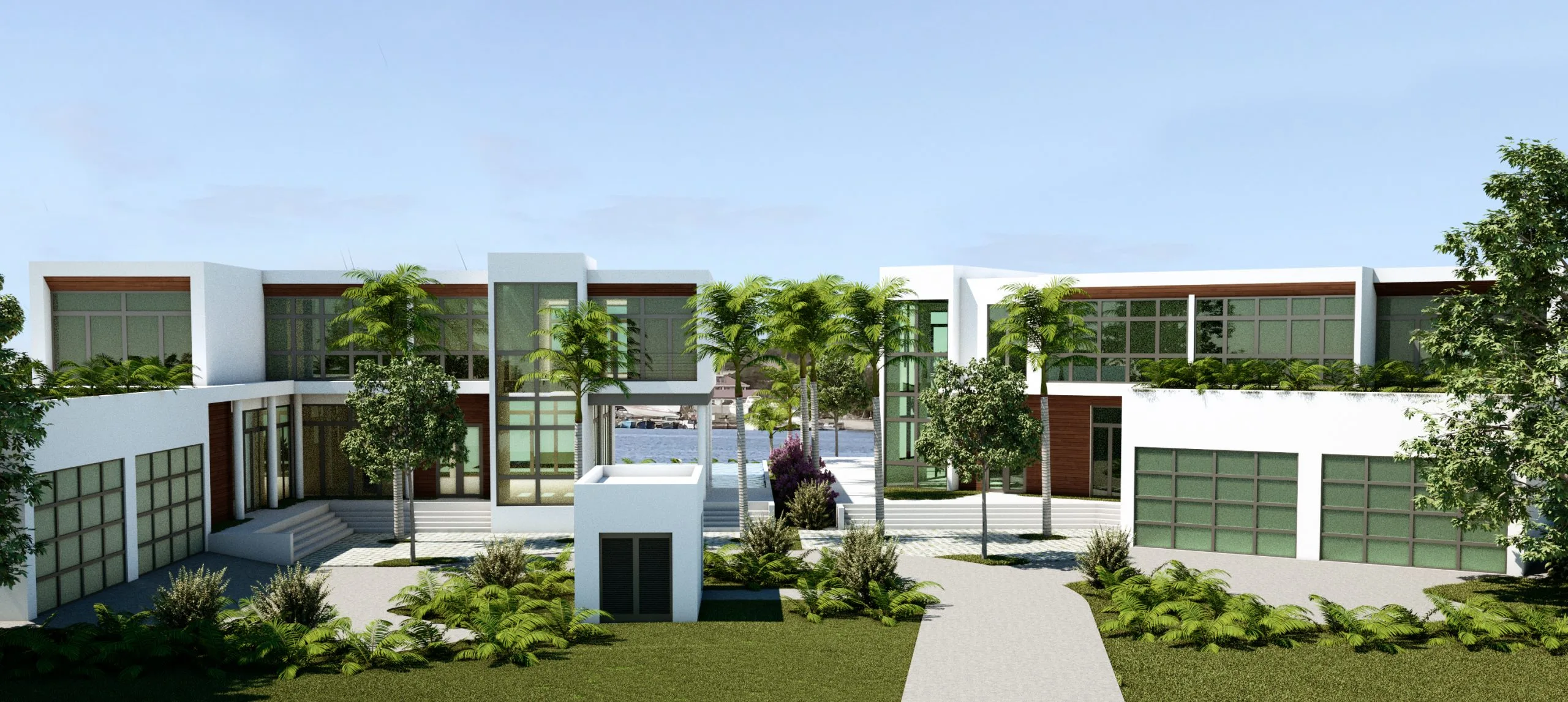 Front view of dual-villa waterfront estate with shared courtyard entry, Rodney Bay St. Lucia