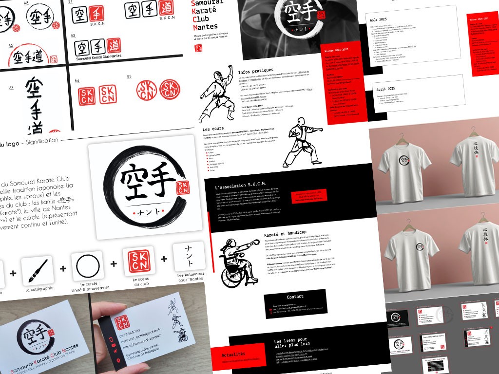 Cette image compile plusieurs éléments du projet. On peut voir un avant/après la refonte graphique, les éléments graphiques, des maquettes du projet ou encore des planches de recherches.