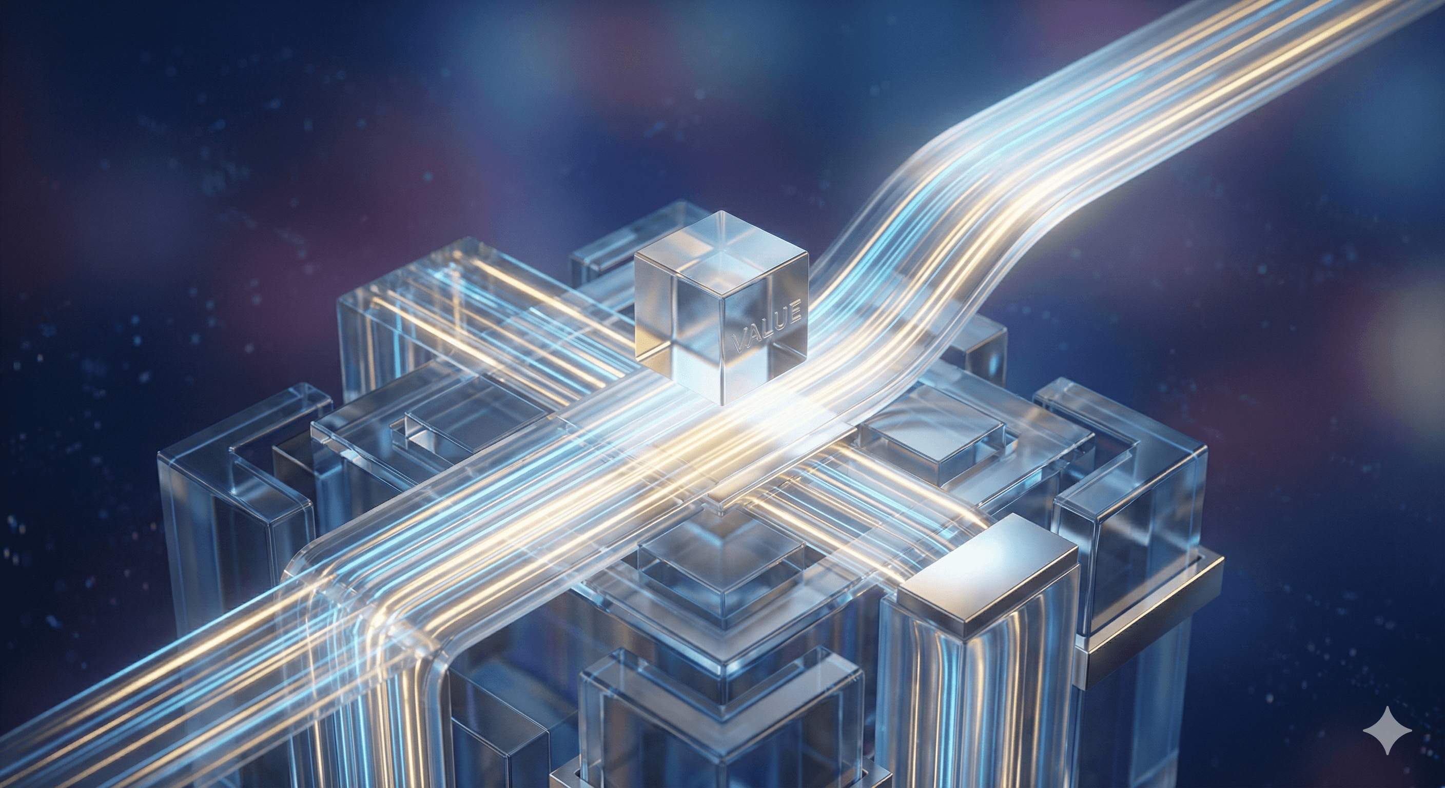 A futuristic digital landscape features interconnected translucent cubes with luminous lines, symbolizing advanced AI predictions and technological networks.