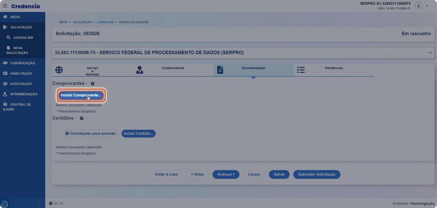 Captura de tela de referência do Credencia para Passo 2 — Incluir comprovante. Contexto: 30 — Documentação.