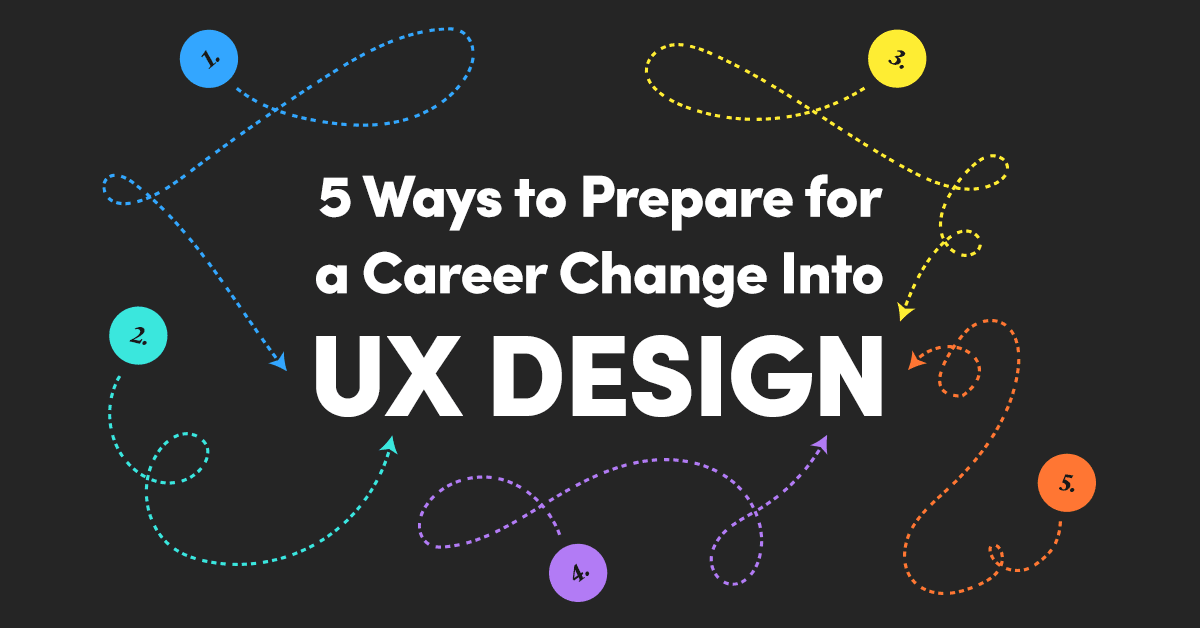 Wide dark banner with numbered colorful dotted paths reading 5 Ways to Prepare for a Career Change Into UX Design