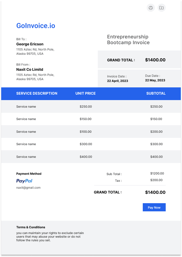 Entrepreneurship Bootcamp Invoice