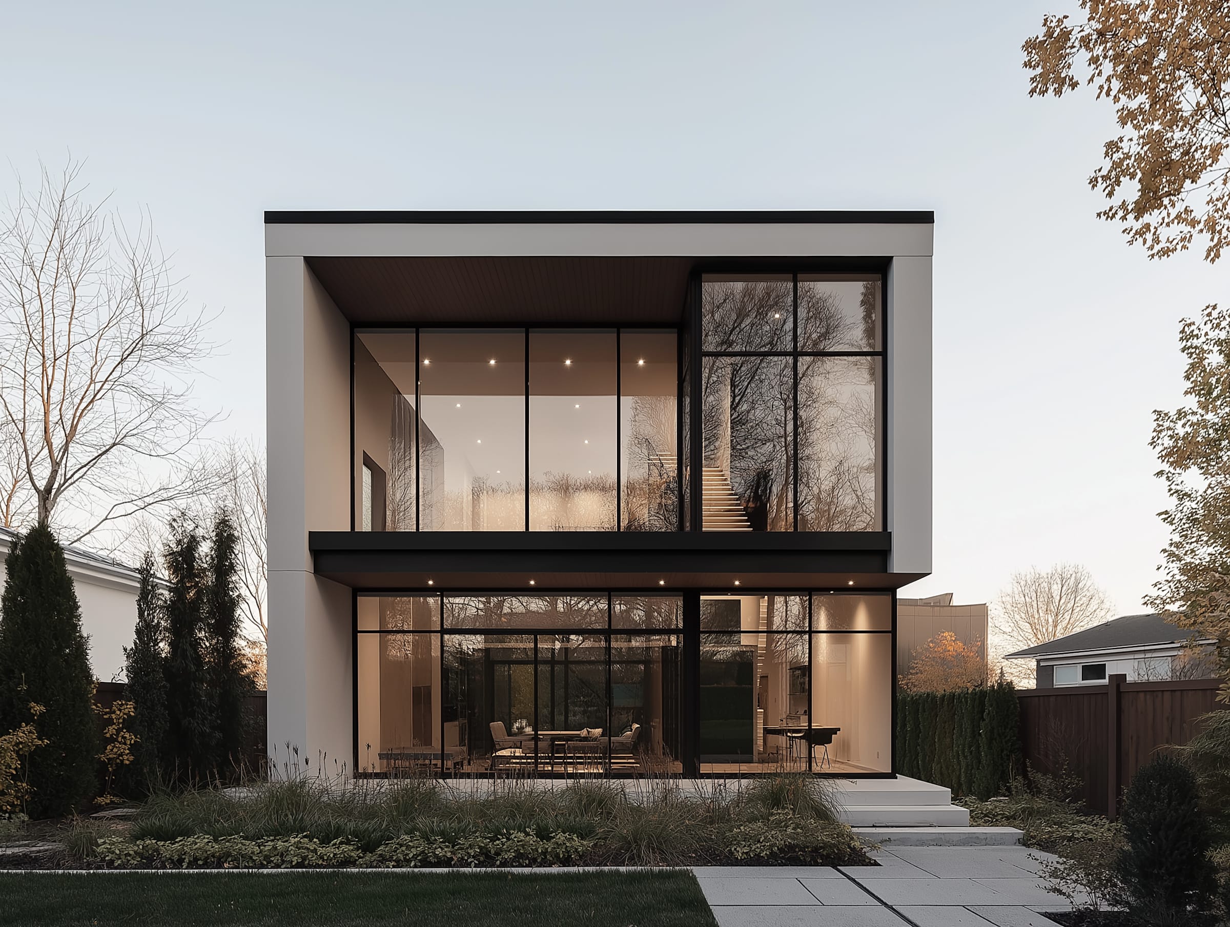 Modern two-story home with floor-to-ceiling windows, sleek beige and black design, and a landscaped garden. Warm evening lighting.