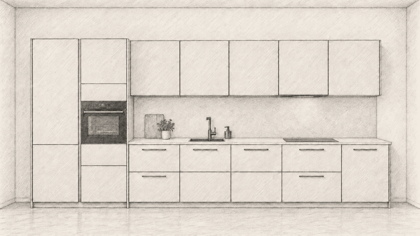 Cuisine linéaire dessinée au crayon, avec évier centré sur le deuxième meuble bas et plaque de cuisson alignée sur le meuble situé dessous.