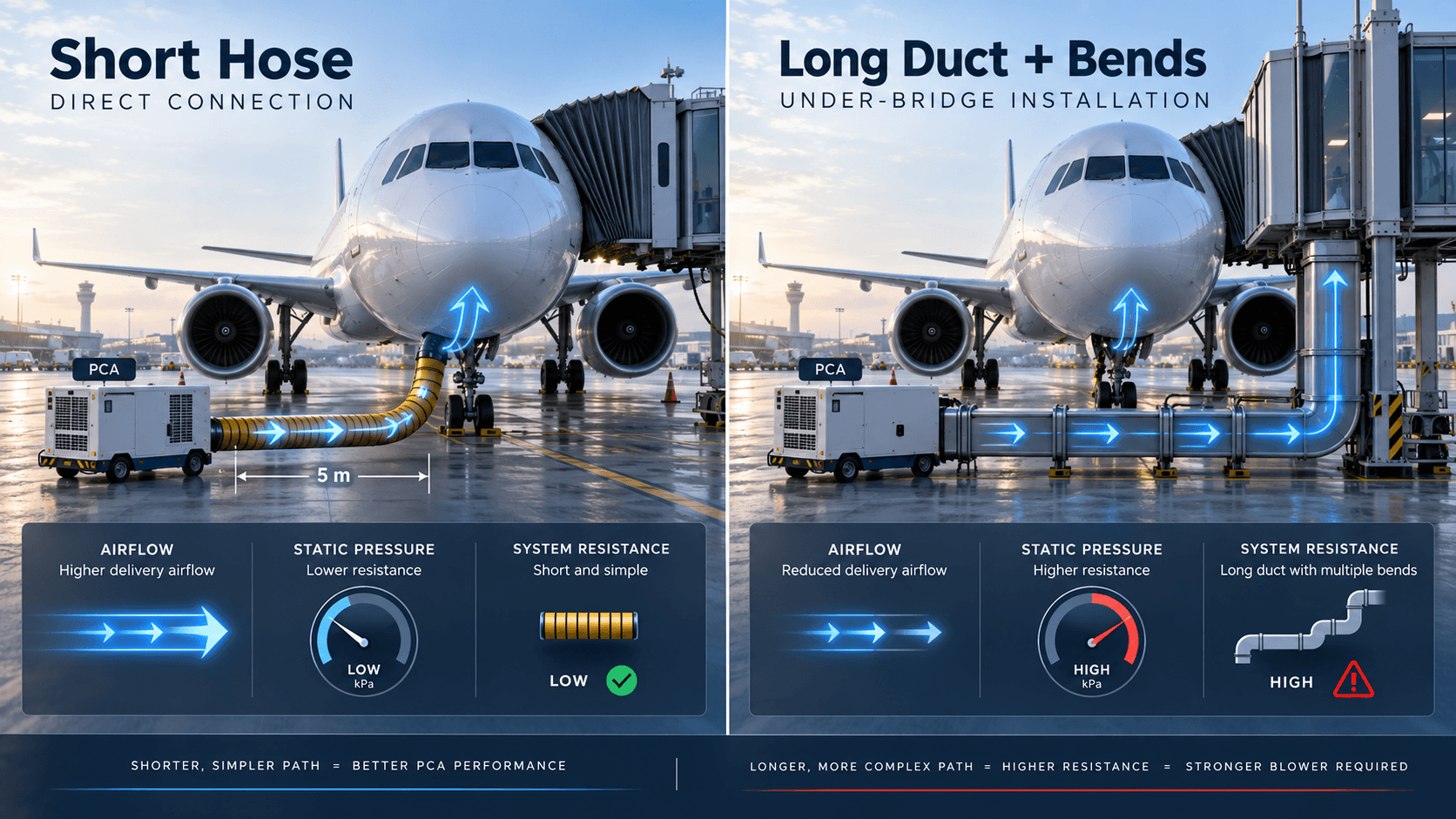 Aircraft PCA airflow and static pressure comparison between a short hose and a long duct with bends