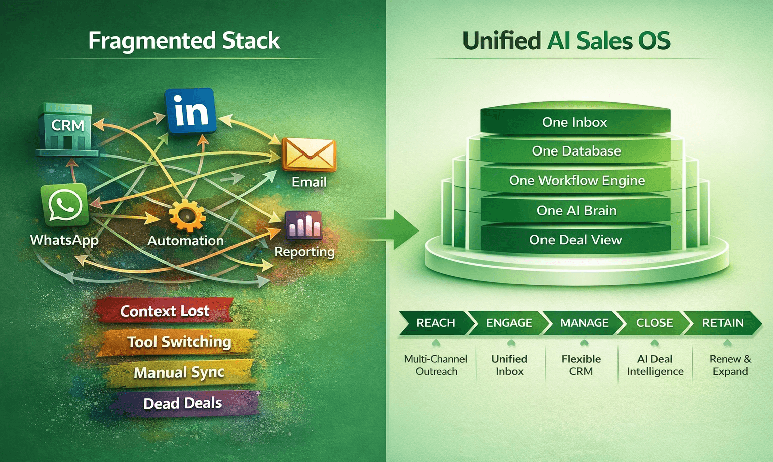 The unified platform replacing fragmented CRM + sequences + automation tools. Full lifecycle from REACH to RETAIN.