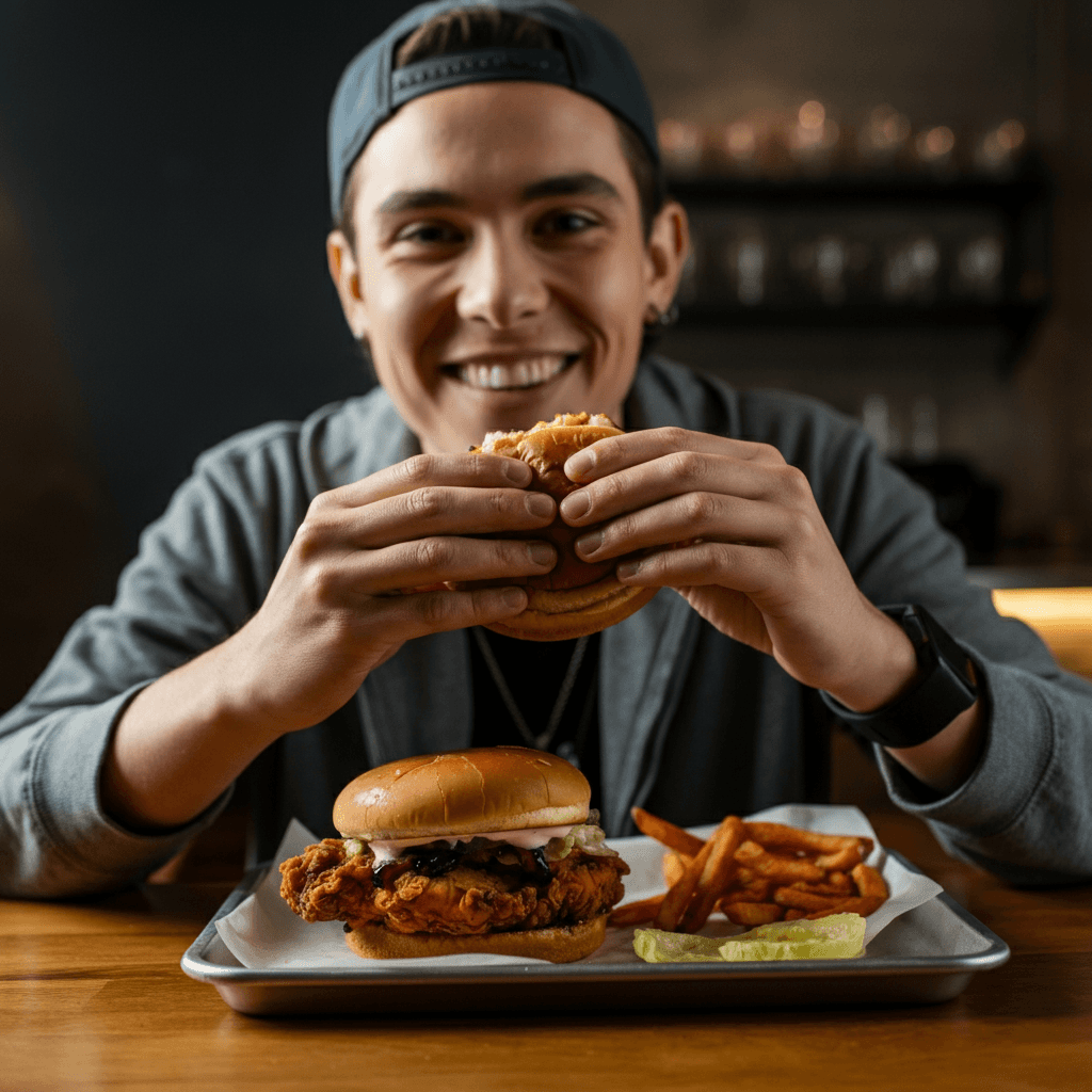 A happy man holding a burger at a table in front of a meal.