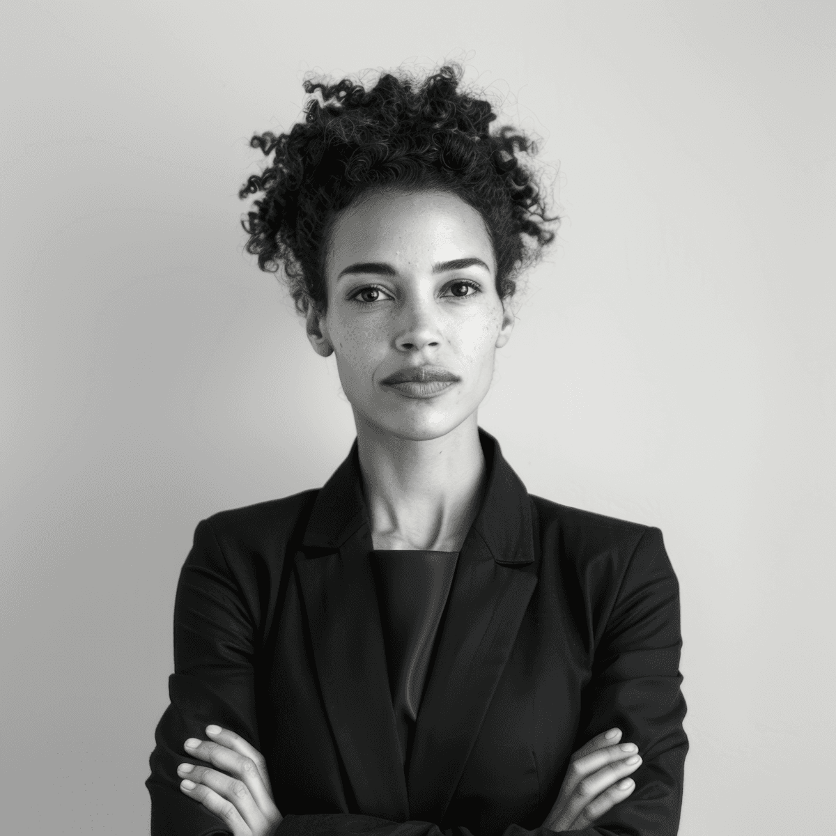 Black-and-white portrait of a person with curly hair in a blazer, looking confidently at the camera with arms crossed.