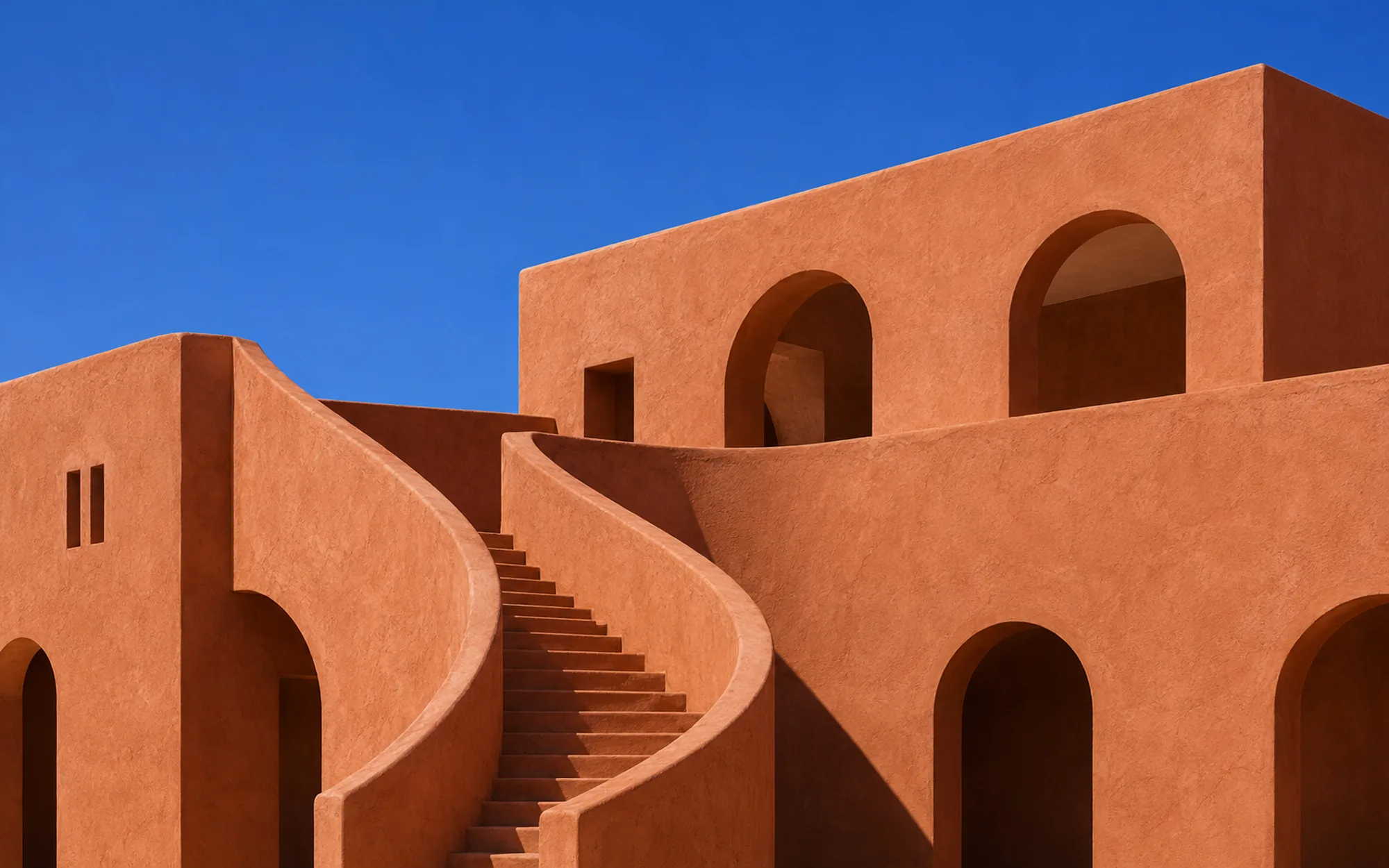 A terracotta hotel with a curved stair under a blue sky